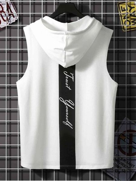 

men letter graphic drawstring hooded tank 91zb#, White;black