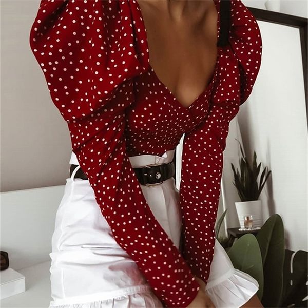

ootn vintage polka dot women puff long sleeve wrap elegant lace up red crop blouse backless chic female shirts 210308, White
