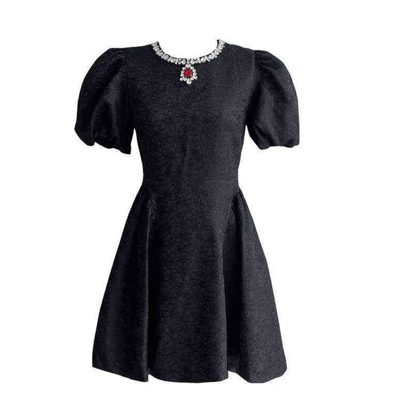 

2022 early autumn new style bubble sleeve heavy industry diamond inlaid dress miu home embroidery jacquard fashion light luxury skirt, Black;gray
