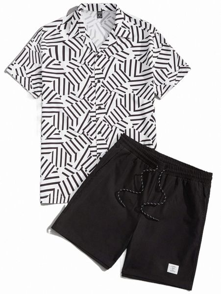 

men geo print shirt & letter patched detail drawstring waist shorts 64zw#, Gray