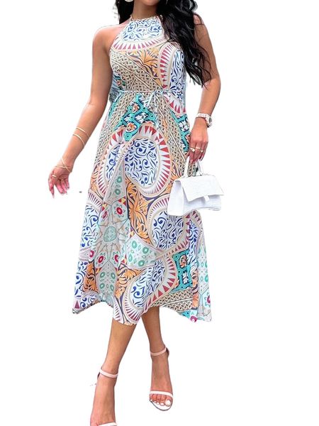 

geo print tie back halter dress l6rf#, Black;gray