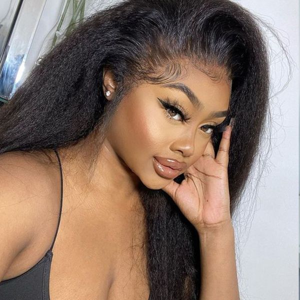 

lx brand yaki human hair wig brazilian kinky straight wig lace front human hair wigs full glueless lace frontal wigs 30 inch yaki straighfac, Black