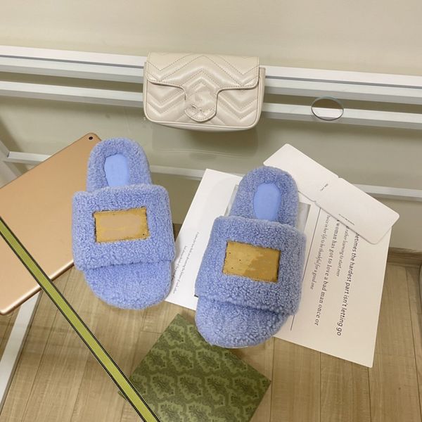 

blue luxury designer women's woolen slipper fashionable winter warm slipper, Black