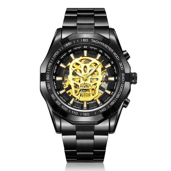 

watches automatic mechanical skeleton watch 41mm gold stainless steel sapphire male skull wristwatches waterproof luminous, Slivery;black