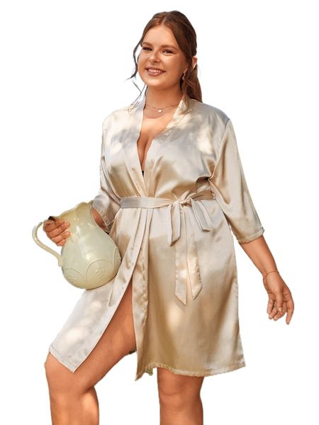 

plus satin belted night robe g9ib#, Black;white