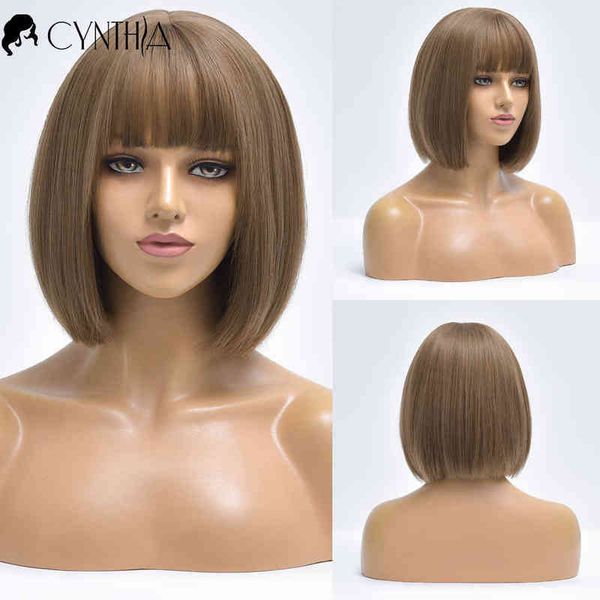 

brown straight short bob natural daily hair synthetic wigs for white women with bangs heat resistant cosplay female fiber wig 220622, Black