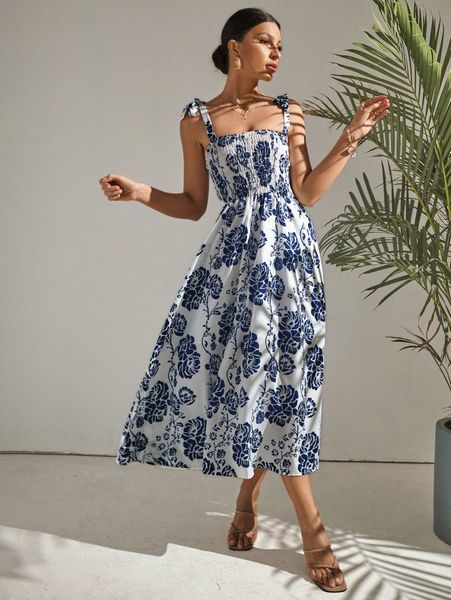 

allover floral print tie shoulder shirred bust dress 74bz#, Black;gray