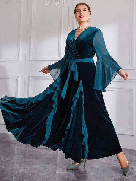 

plus ruffle trim belted velvet dress 92df#, Black