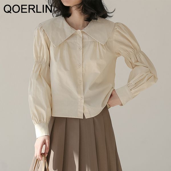 

qoerlin square collar puff sleeve shirt female spring long sleeve blouse lantern sleeve solid fashion singlebreasted 210412, White