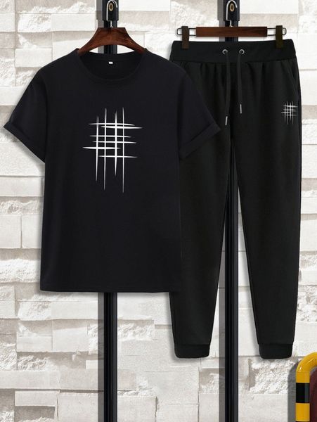 

extended sizes men graphic print tee with drawstring waist sweatpants h1cg#, Gray