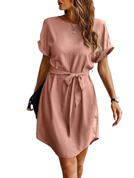 

solid self tie tunic dress u1ww#, Black;gray