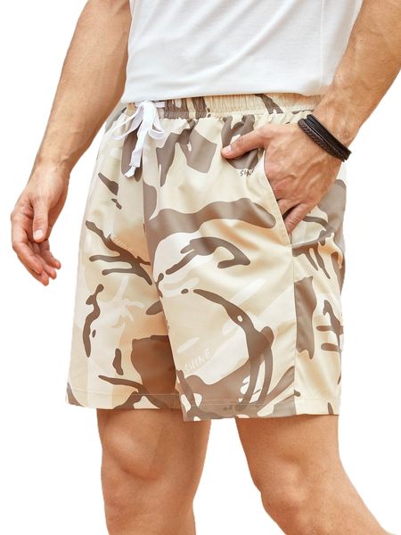 

men camo print slant pocket shorts d6lr#, White;black