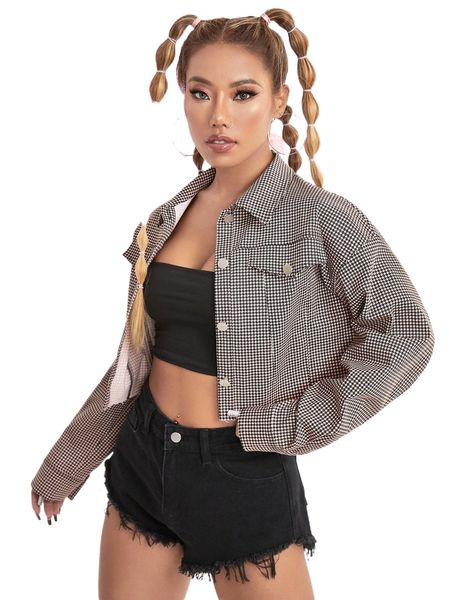 

1pc houndstooth print drop shoulder crop jacket f99t#, Black;brown