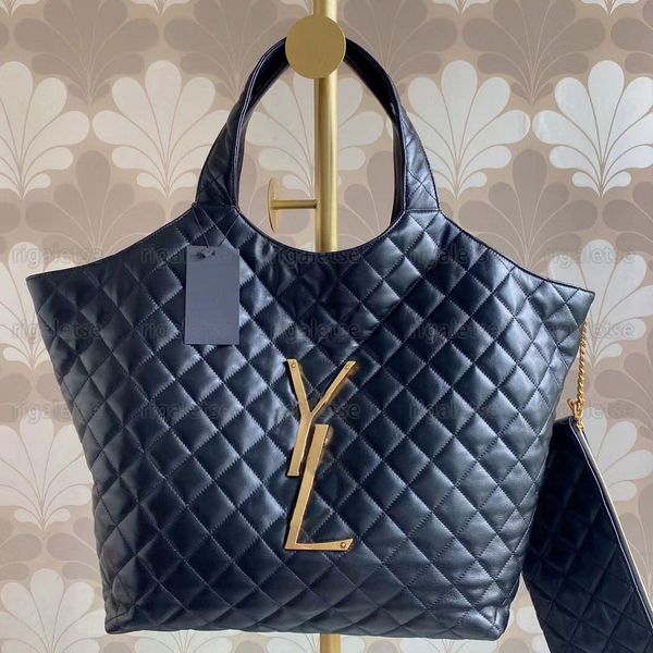 

icare maxi shopping in quilted lambskin real leather large capacity tote shopping shoulder tote bag diamond surface new with chain coin wall