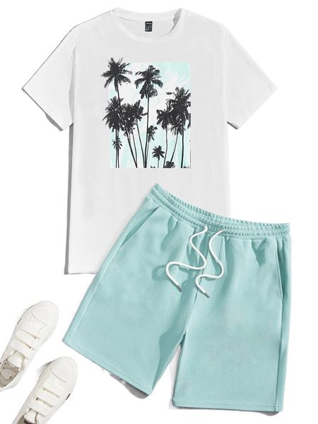 

men coconut tree print tee & drawstring waist shorts set a1v8#, Gray