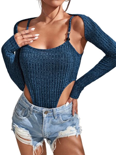 

high cut ribbed knit cami bodysuit & bolero b59l#, White