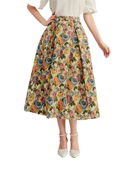 

allover floral print a-line skirt y9oz#, Black