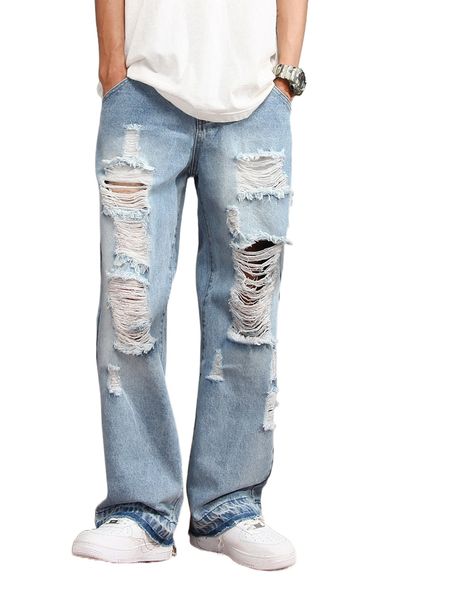 

men ripped raw cut straight leg jeans r8qw#, Blue