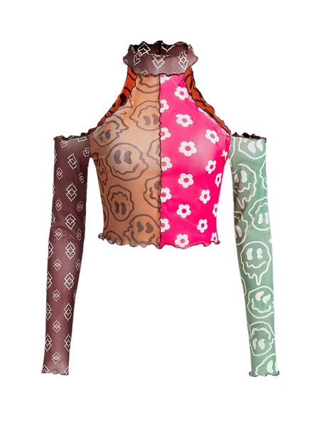 

grunge colorblock floral print cold shoulder mesh without bra m0wy#, White