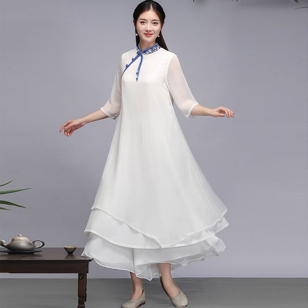 Mulheres roupas étnicas Hanfu Qipao Vestido de verão estilo chinês Vintage Branco Tang Tang Tang Robe Oriental Roupos