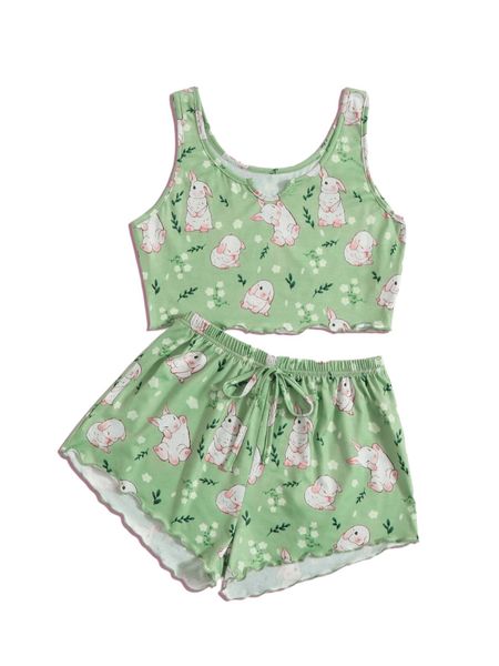 

romwe kawaii rabbit print lettuce trim pj set a0vx#, Black;red