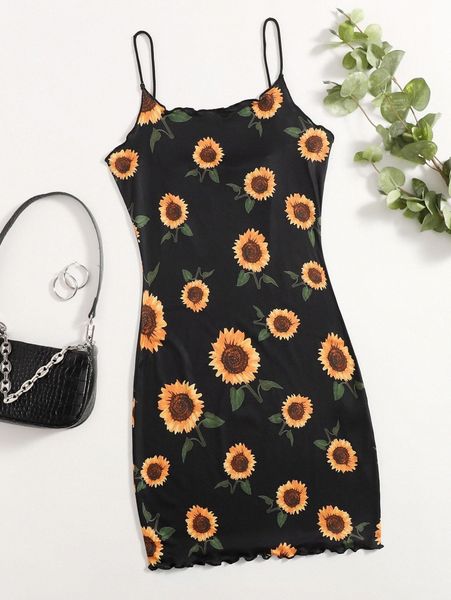 

sunflower print lettuce trim bodycon dress e2rh#, Black;gray
