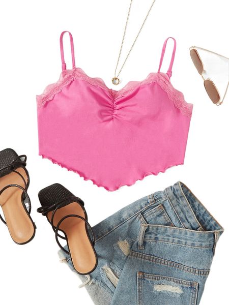 

lace panel ruched lettuce trim cami n79d#, White