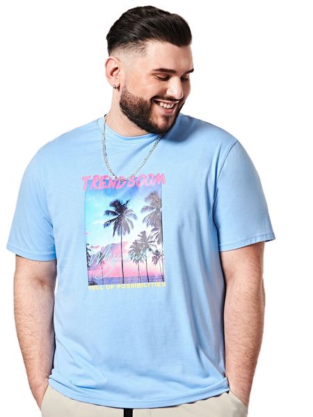 

extended sizes men letter & coconut tree print tee y4l1#, White;black