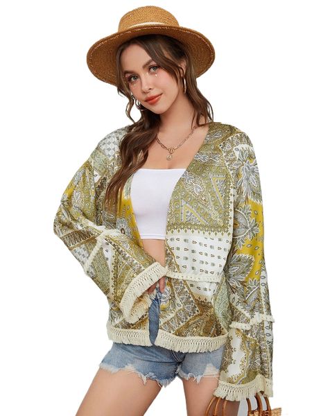

paisley print tassel trim dolman sleeve jacket y8dw#, Black;brown