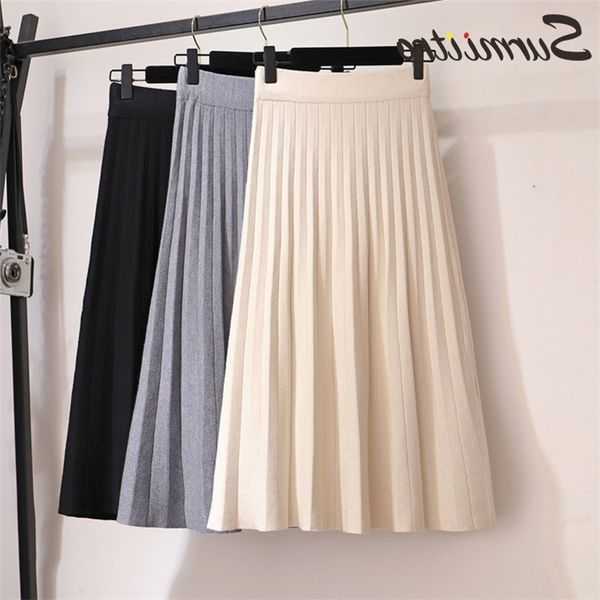 

surmiitro knitted midi pleated skirt women for autumn winter korean ladies high waist white black pleated skirt female t200324