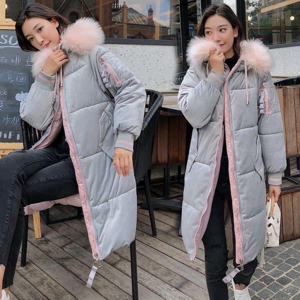 

winter womens clothing fashion long parka feminine coat velvet female winter jacket parka woman fur collar coat 201201, Black