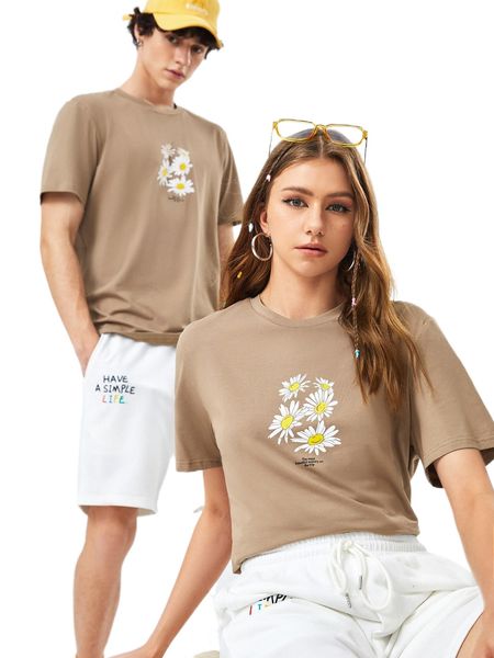 

1pc floral & slogan print tee s2ng#, White;black