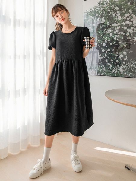 

dazy puff sleeve textured tie back smock dress 47vg#, Black;gray