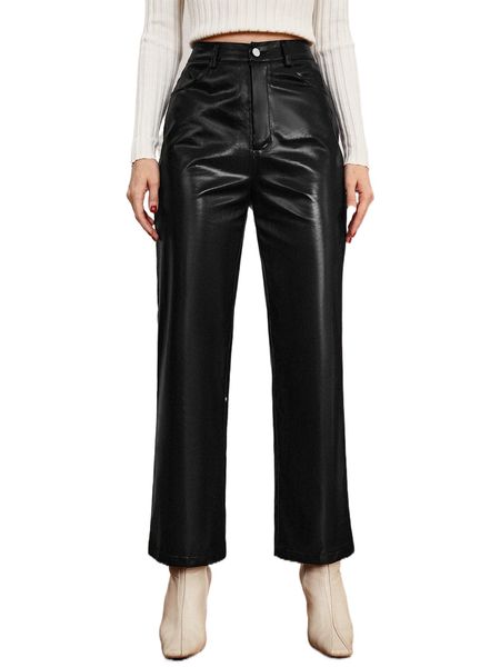 

high waist straight leg pu leather pants j8i0#, Black;white