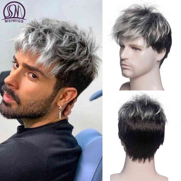 

men hair synthetic msiwigs short straight wig ombre grey brown white for male fleeciness realistic natural headgear 0527, Black