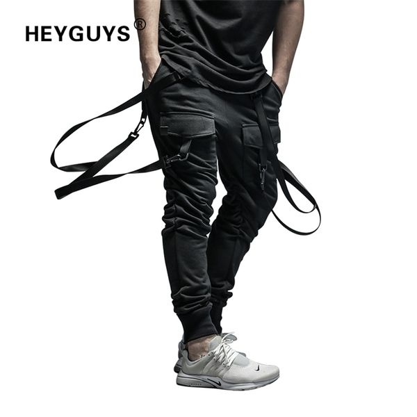 

heyguys dry men's pants pocket full length men hiphop joggers pants plus size trousers men belt women streetwear 201128, Black