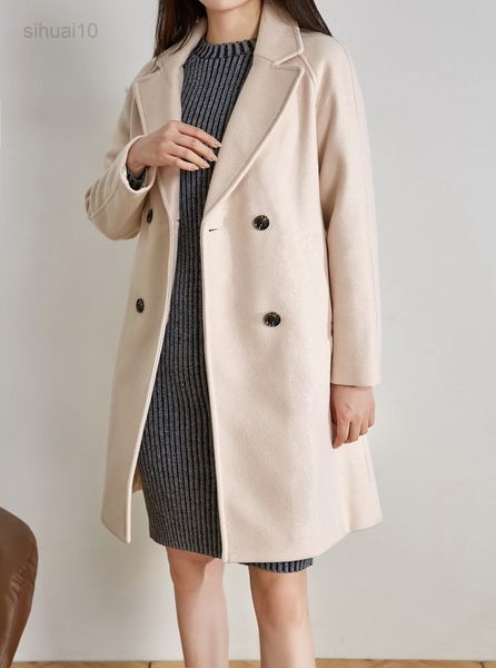 Frauen Mantel Female Wollmantel Beige und schwarze lockere lange Ärmel dicke Oberbekleidung Ladies Mantel Frühling 2021 Herbst Winter L220725