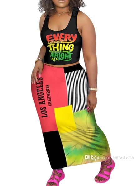 

designer women's plus size clothes fashion colorful letter printed skirt suit casual two piece dress outfits, White