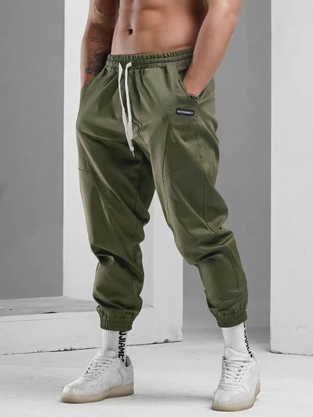 

men slogan patch detail drawstring waist pants n1jb#, Black