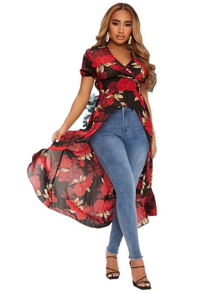 

sxy floral print shirred puff sleeve high low hem chiffon blouse w0lp#, White