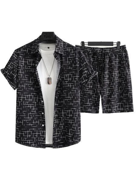 

men geo print shirt & drawstring waist shorts without tee k6gi#, Gray