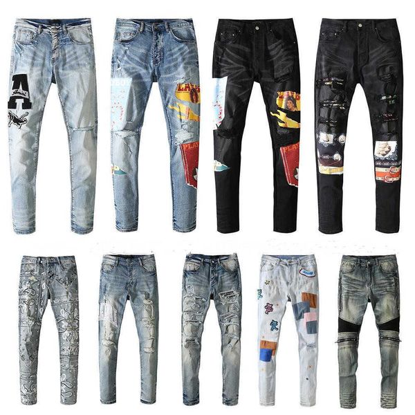 

mens denim jeans trend brand casual printed fashion slim pants teenagers trousers thin for men women in europe and america, Blue