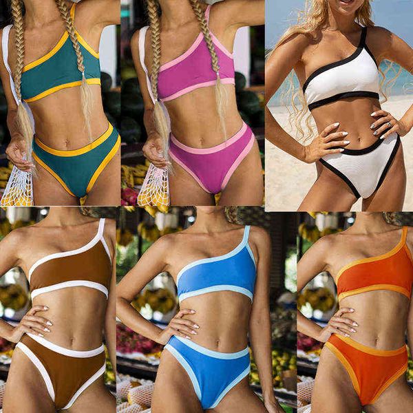 

swimsuit 2022 summer contrast color split one shoulder strapl bikini swimsuit, White;black