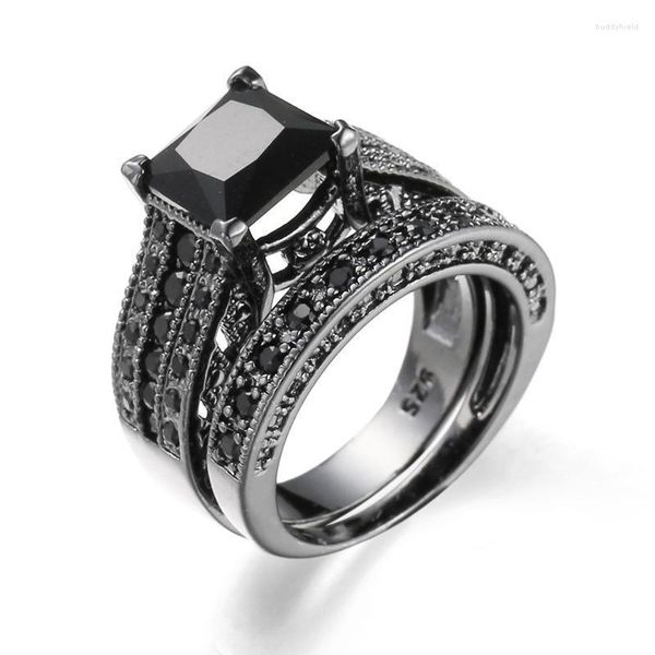 Coppia di fedi nuziali Set di anelli di fidanzamento con zirconi cubici taglio principessa placcati in oro nero