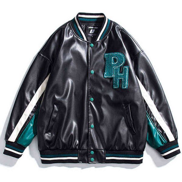 Jaqueta de beisebol de couro PU PU Menina Mulher Motocicleta Jaqueta UNisex 2021 Autumn Japonês Men Bomber Varsity Coat Stadium T220728