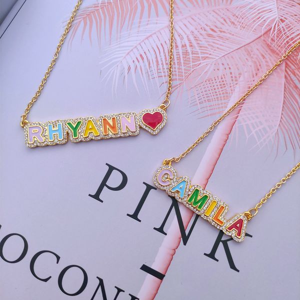 

duoying rainbow pave outline enamel necklace personlized custom name colorful nameplate pendant jewelry 220722, Silver