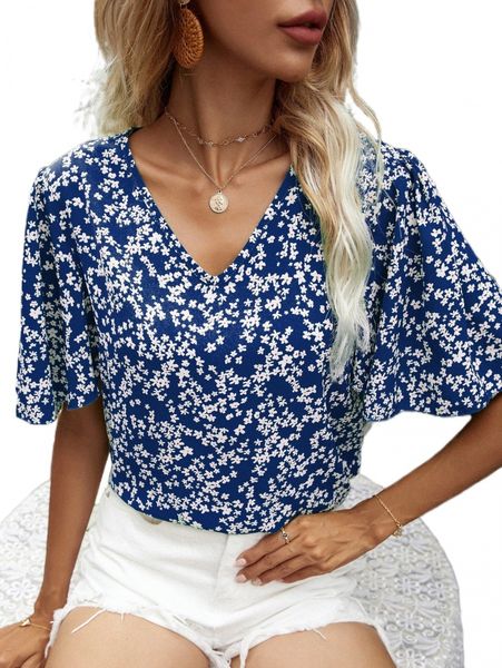 

floral print butterfly sleeve blouse r145#, White