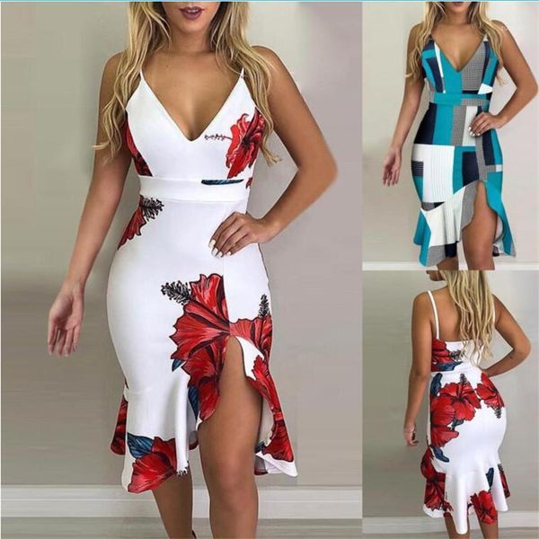 Europäische und amerikanische Frauen Collage Druck High-Waist Sling Unregelmäßiges Kleid Fabrik Direktverkauf Drop Großhandel Freizeitkleider