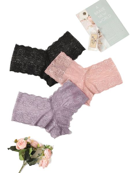 

plus 3pack lace sheer panty x3yy#, Black;white