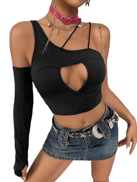 

cut out front asymmetrical neck crop v6d2#, White